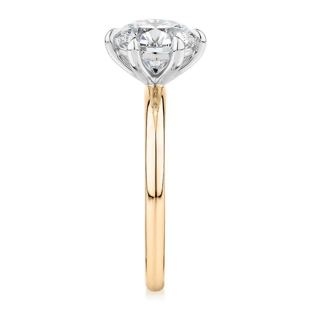 Signature Simulant Diamond 2.00 carat* round brilliant solitaire engagement ring in 14 carat yellow and white gold