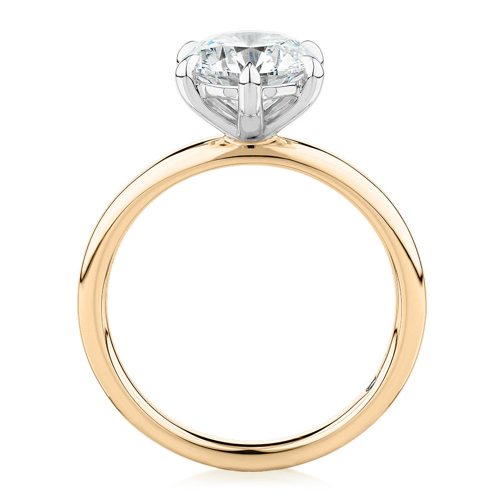 Signature Simulant Diamond 2.00 carat* round brilliant solitaire engagement ring in 14 carat yellow and white gold