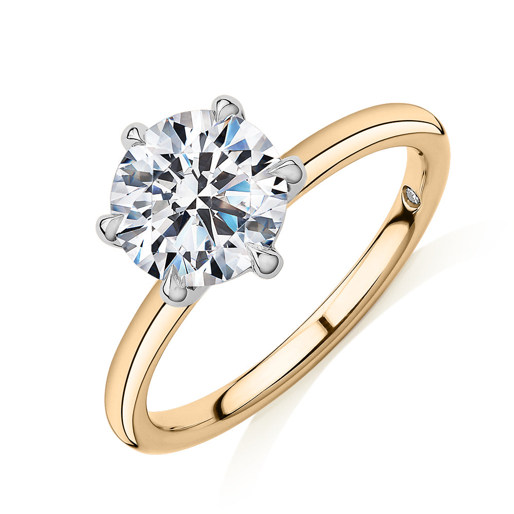 Signature Simulant Diamond 2.00 carat* round brilliant solitaire engagement ring in 14 carat yellow and white gold