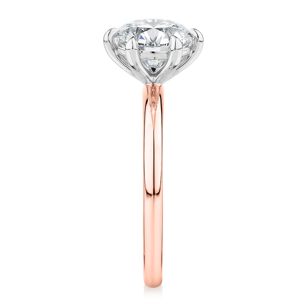 Signature Simulant Diamond 2.00 carat* round brilliant solitaire engagement ring in 14 carat rose and white gold