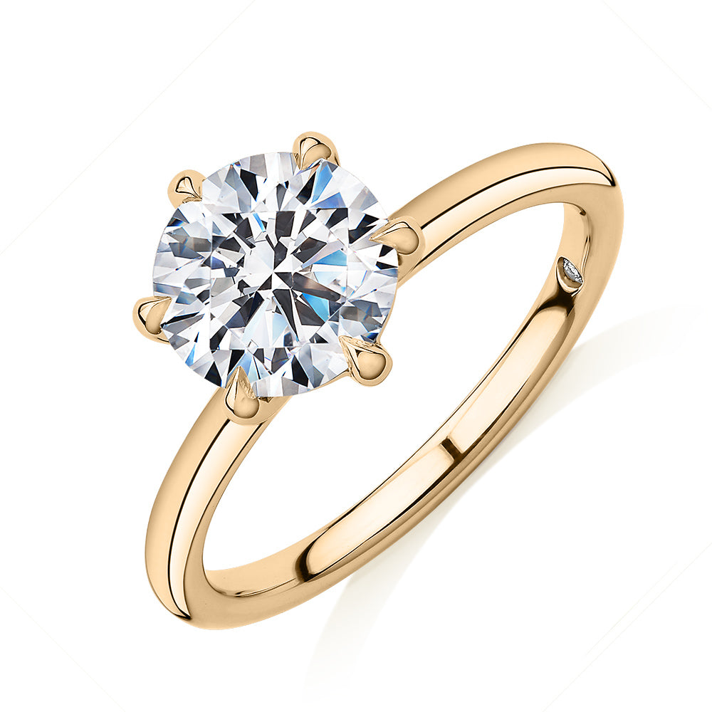 Signature Simulant Diamond 2.00 carat* round brilliant solitaire engagement ring in 14 carat yellow gold