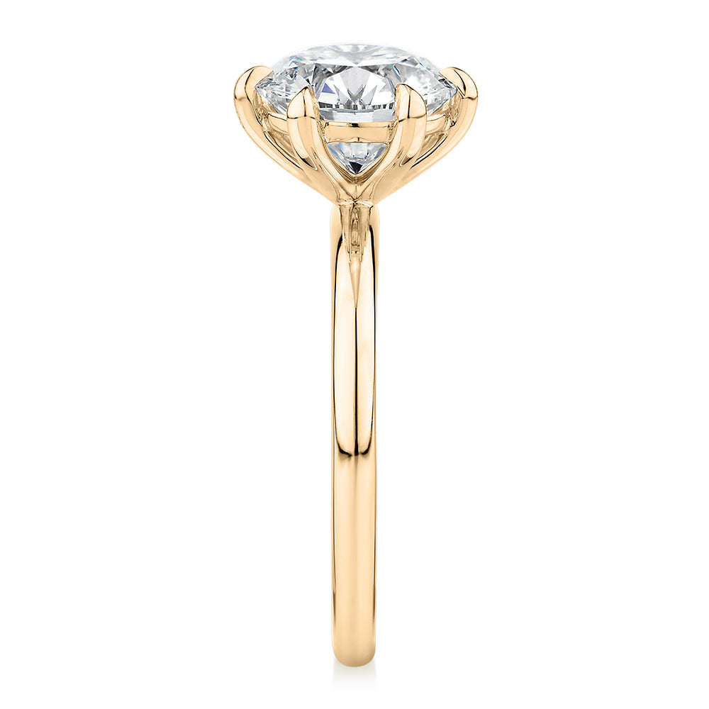 Premium Certified Laboratory Created Diamond, 3.00 carat round brilliant solitaire engagement ring in 18 carat yellow gold