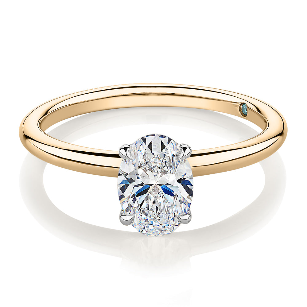 Premium Certified Lab-Grown Diamond, 1.00 carat oval solitaire engagement ring in 14 carat yellow and white gold