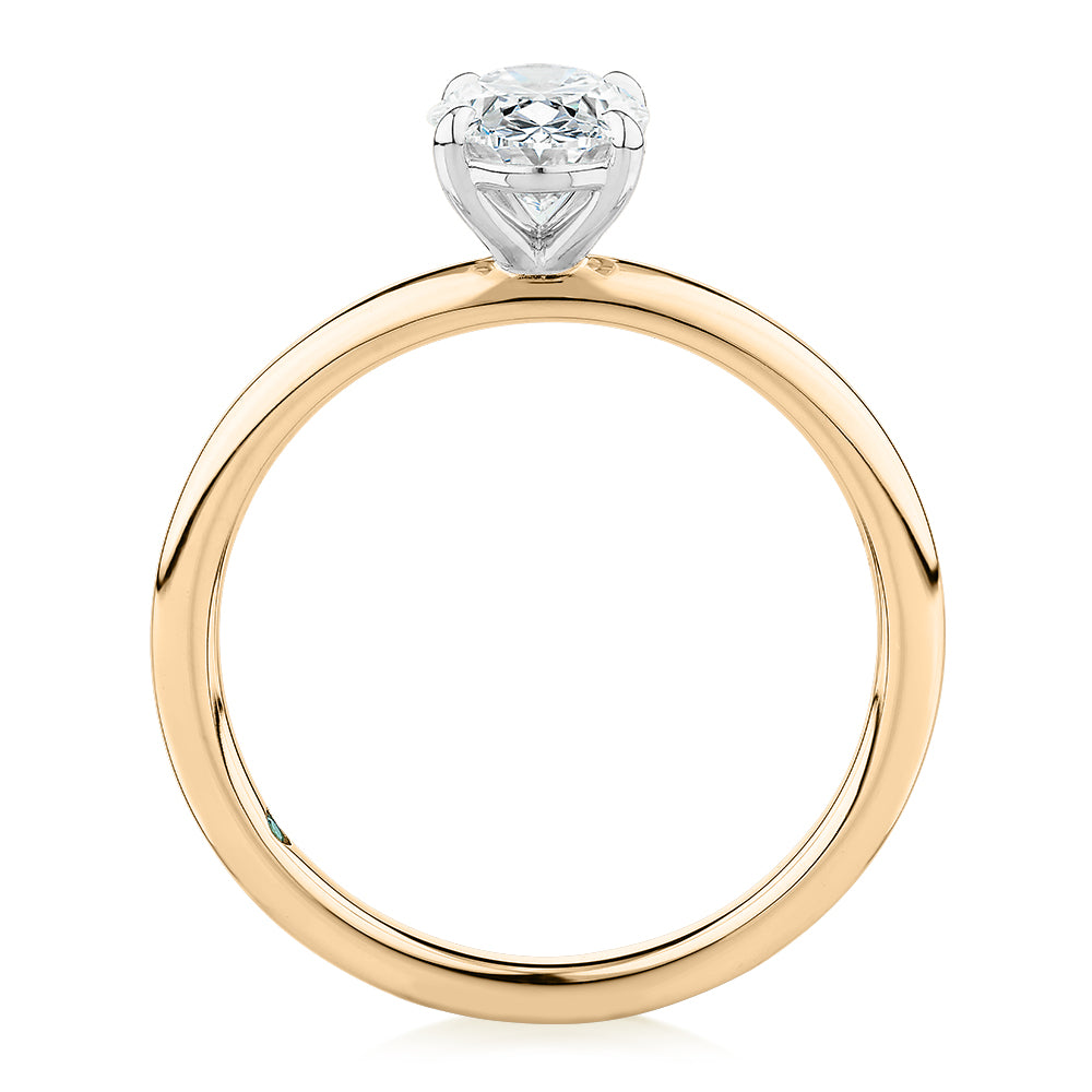 Premium Certified Laboratory Created Diamond, 1.00 carat oval solitaire engagement ring in 14 carat yellow and white gold
