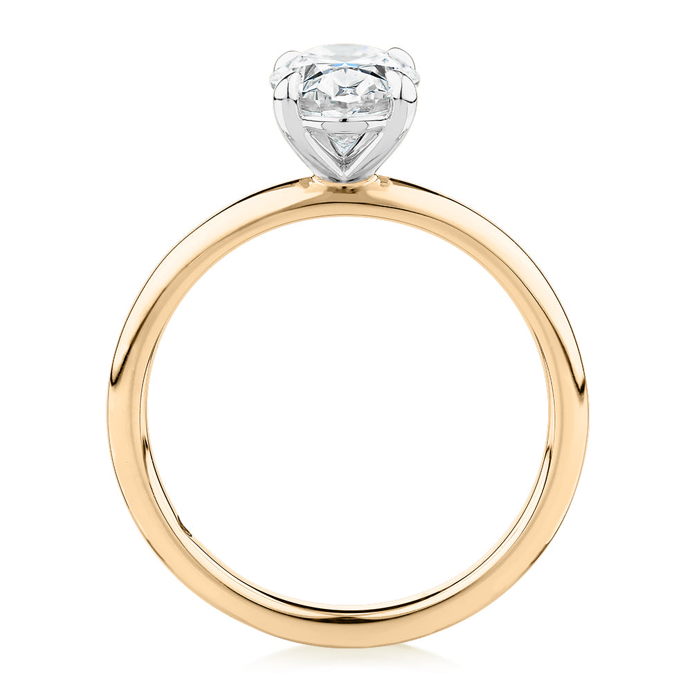Premium Certified Laboratory Created Diamond, 1.50 carat oval solitaire engagement ring in 14 carat yellow and white gold