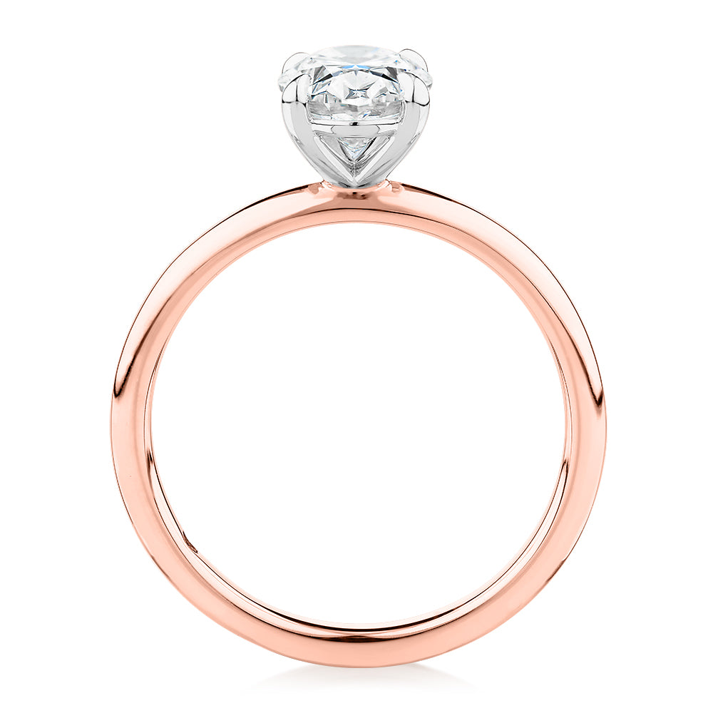 Premium Certified Laboratory Created Diamond, 1.50 carat oval solitaire engagement ring in 18 carat rose and white gold