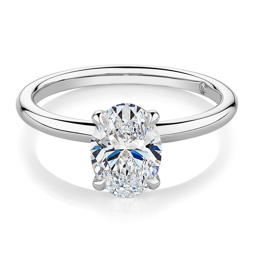 Signature Simulant Diamond 1.50 carat* oval solitaire engagement ring in 14 carat white gold