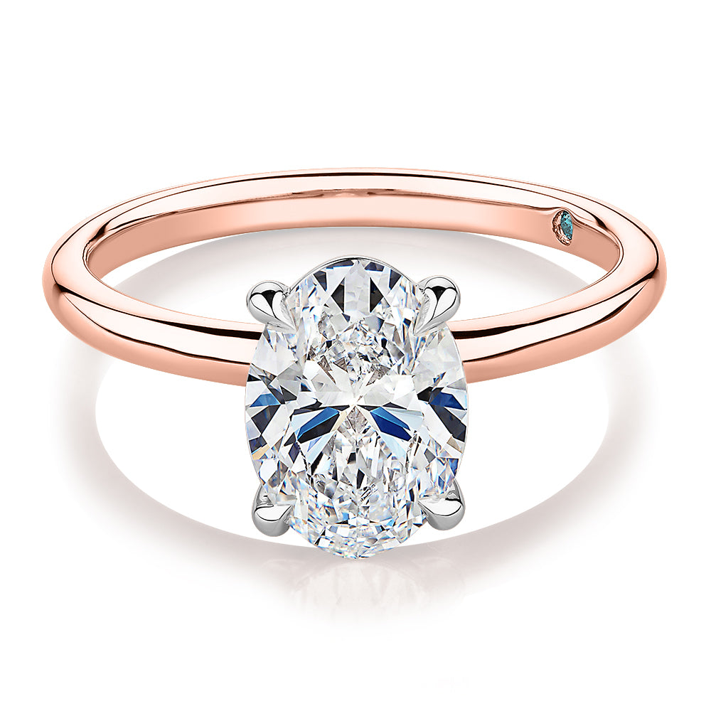Premium Certified Laboratory Created Diamond, 2.00 carat oval solitaire engagement ring in 18 carat rose and white gold