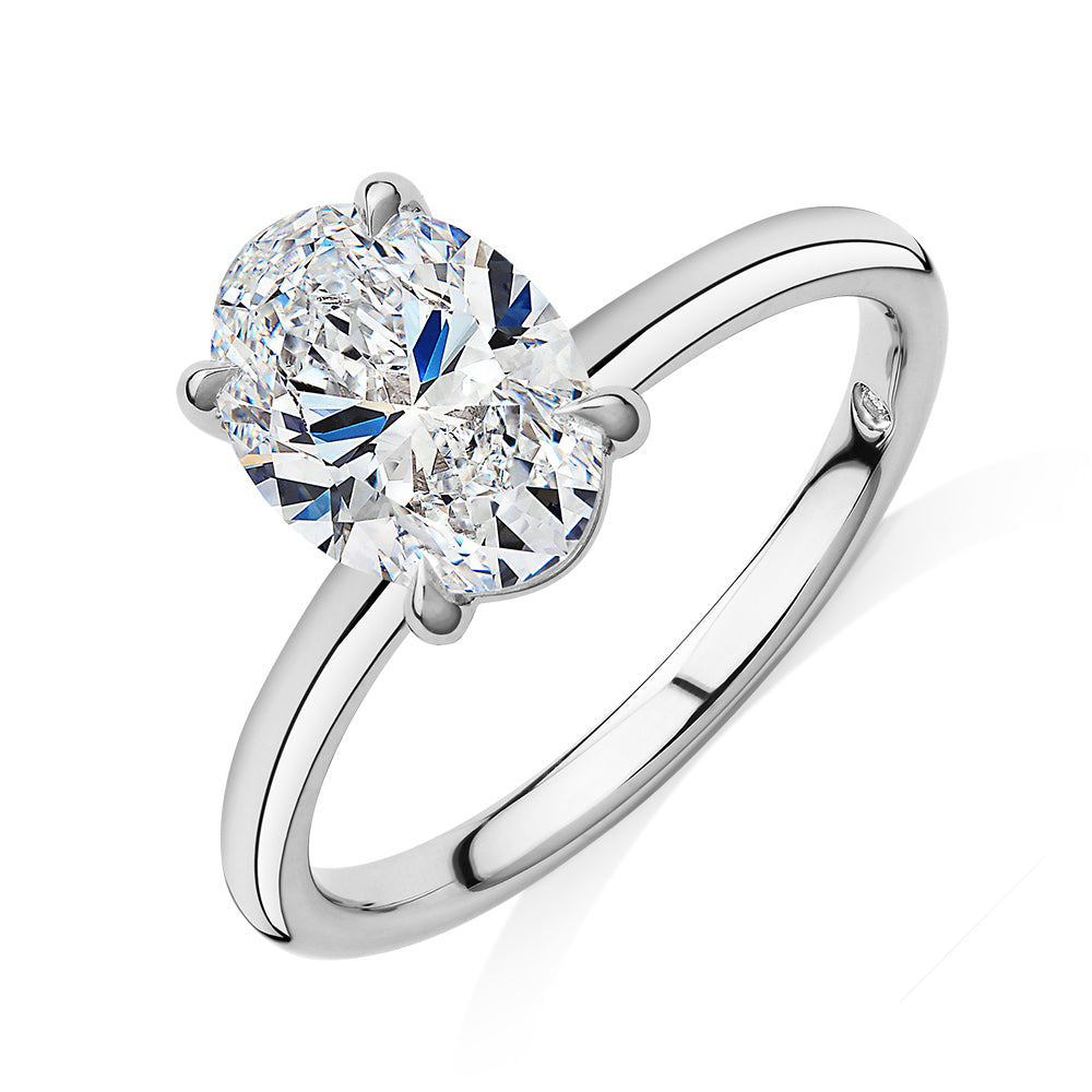 Signature Simulant Diamond 2.00 carat* oval solitaire engagement ring in 14 carat white gold