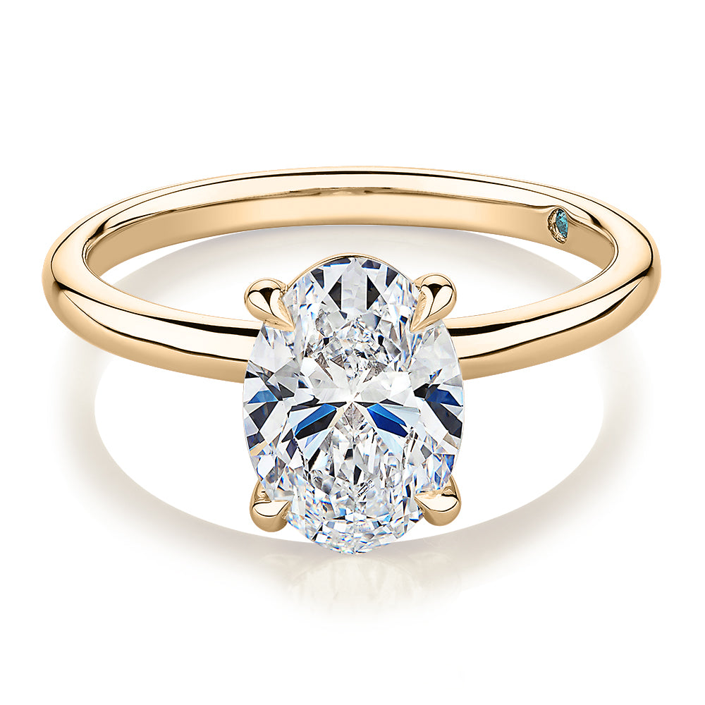 Premium Certified Laboratory Created Diamond, 2.00 carat oval solitaire engagement ring in 18 carat yellow gold