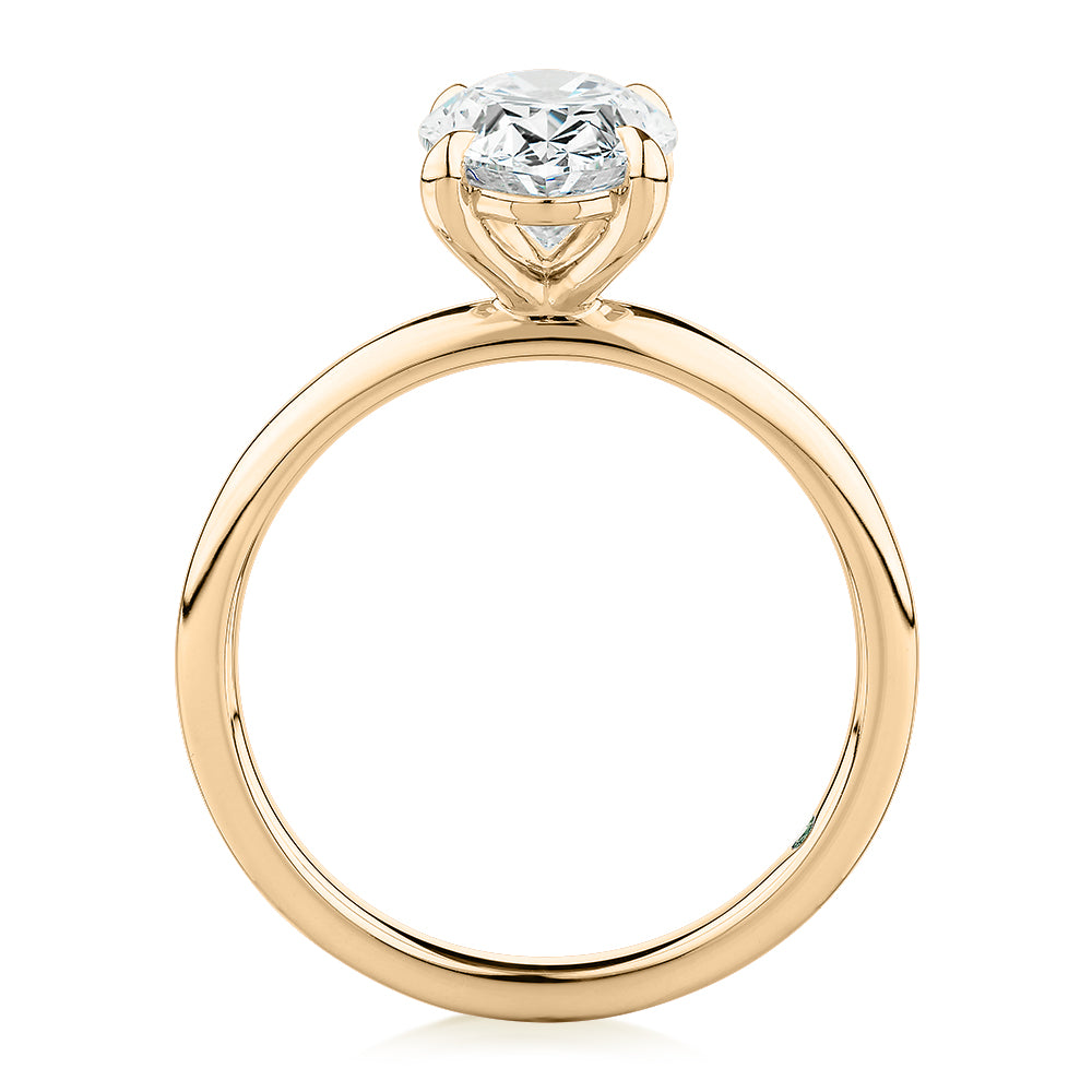 Premium Certified Laboratory Created Diamond, 2.00 carat oval solitaire engagement ring in 18 carat yellow gold