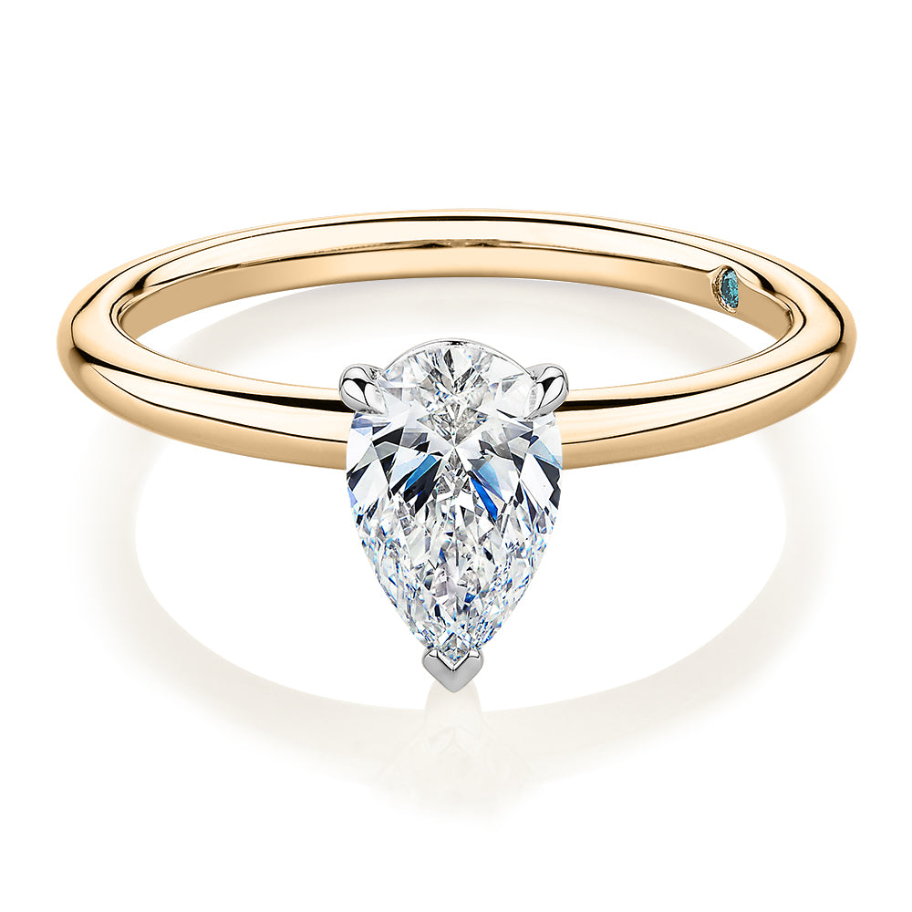 Premium Certified Lab-Grown Diamond, 1.00 carat pear solitaire engagement ring in 14 carat yellow and white gold