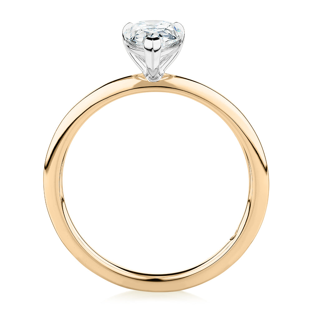 Premium Certified Laboratory Created Diamond, 1.00 carat pear solitaire engagement ring in 18 carat yellow and white gold