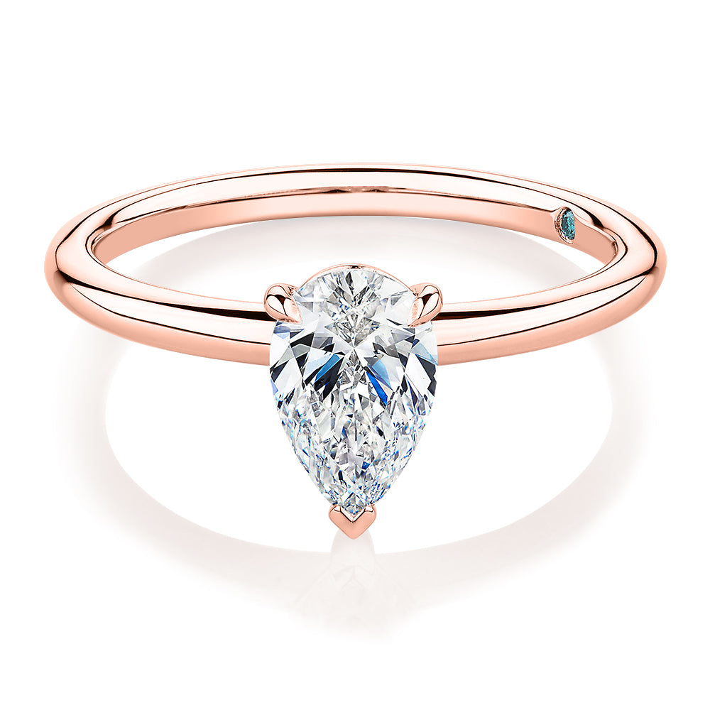 Premium Certified Laboratory Created Diamond, 1.00 carat pear solitaire engagement ring in 14 carat rose gold