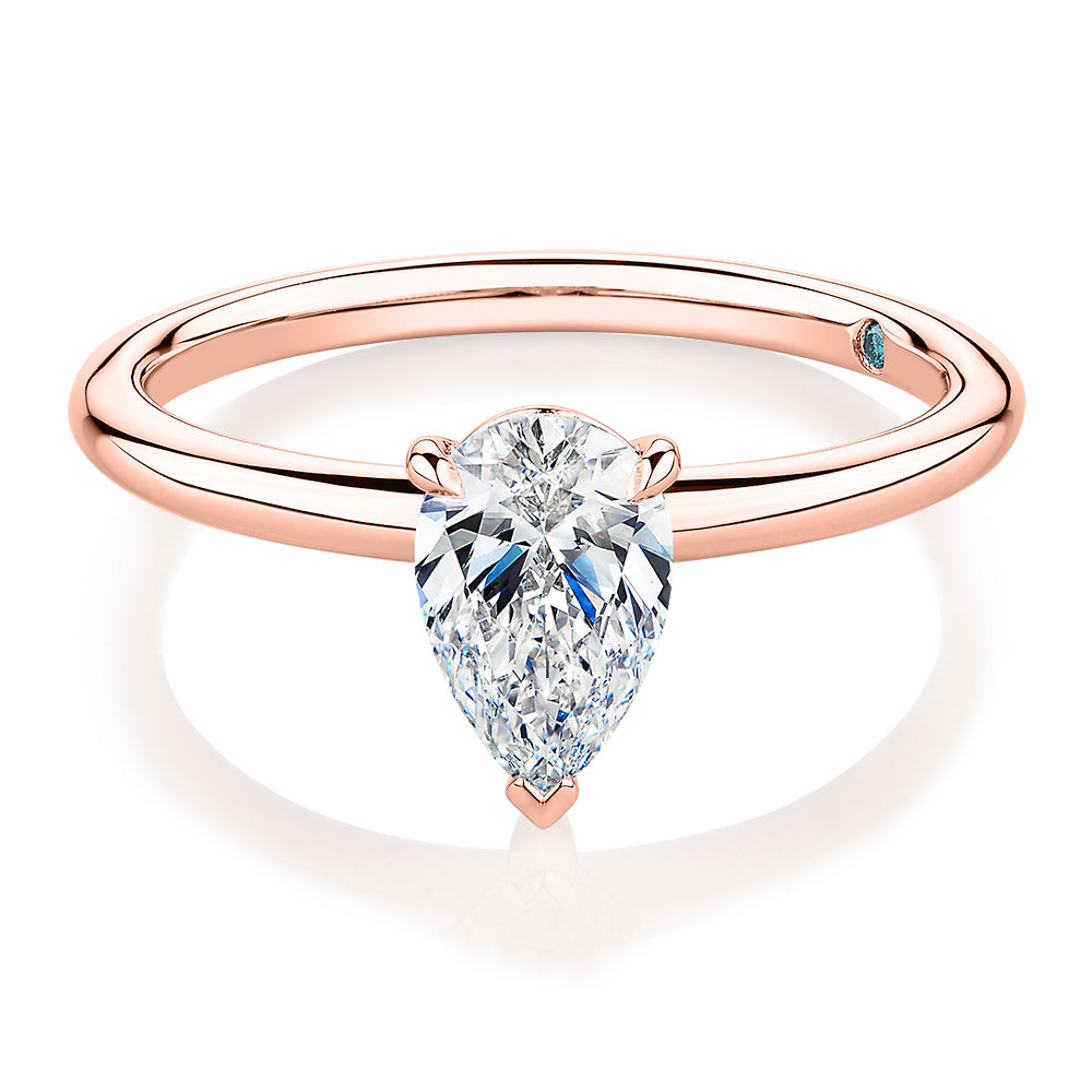 Premium Certified Laboratory Created Diamond, 1.00 carat pear solitaire engagement ring in 18 carat rose gold