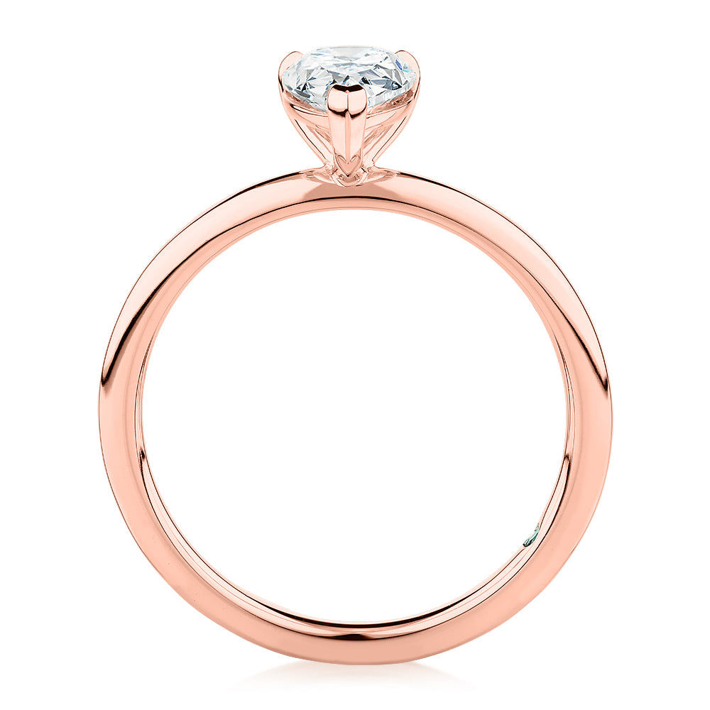 Premium Certified Laboratory Created Diamond, 1.00 carat pear solitaire engagement ring in 14 carat rose gold