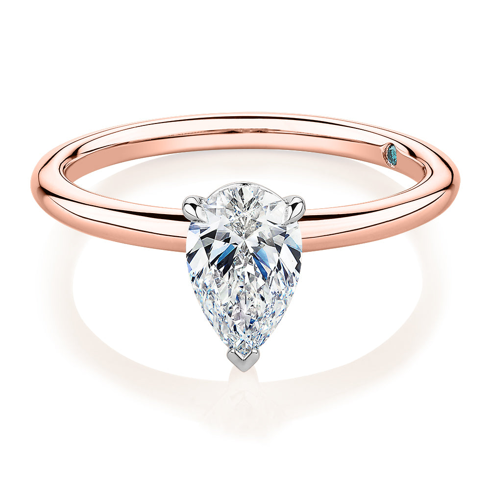 Premium Certified Lab-Grown Diamond, 1.00 carat pear solitaire engagement ring in 14 carat rose and white gold