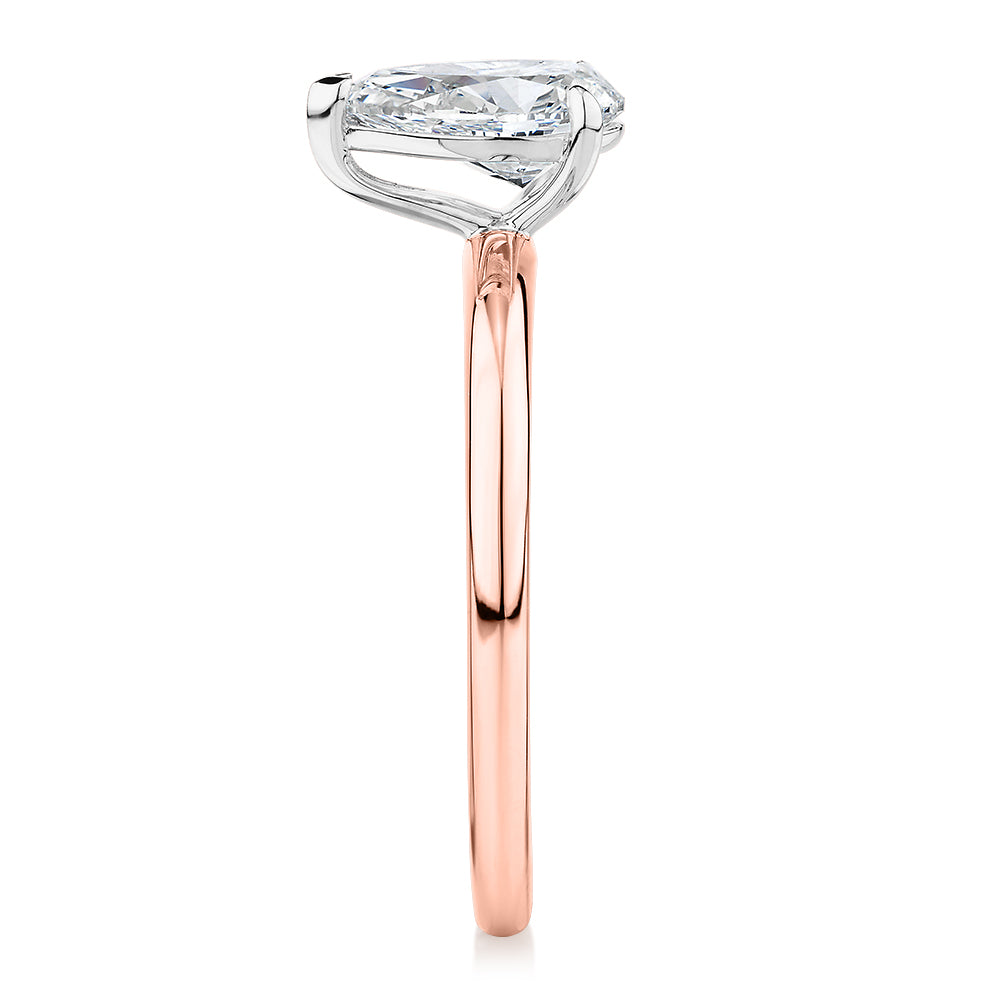 Premium Certified Laboratory Created Diamond, 1.00 carat pear solitaire engagement ring in 18 carat rose and white gold