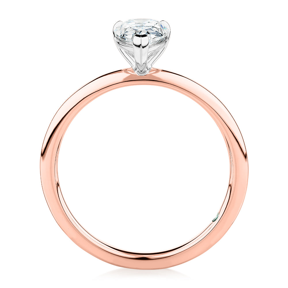 Premium Certified Laboratory Created Diamond, 1.00 carat pear solitaire engagement ring in 18 carat rose and white gold