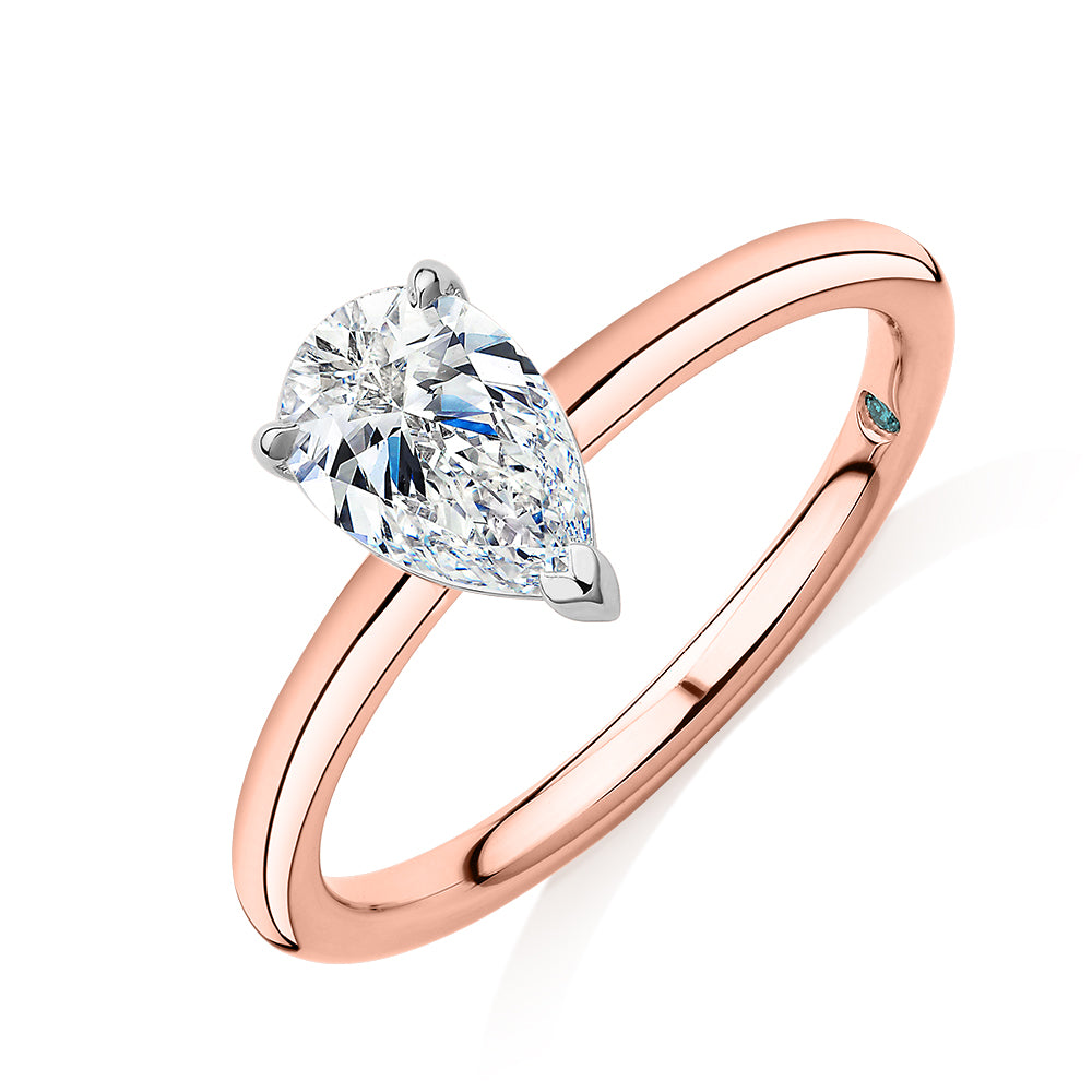 Premium Certified Lab-Grown Diamond, 1.00 carat pear solitaire engagement ring in 14 carat rose and white gold