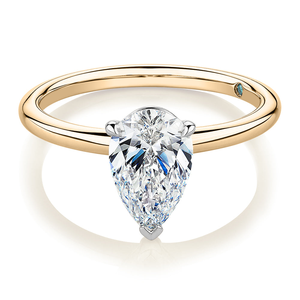 Premium Certified Laboratory Created Diamond, 1.50 carat pear solitaire engagement ring in 18 carat yellow and white gold