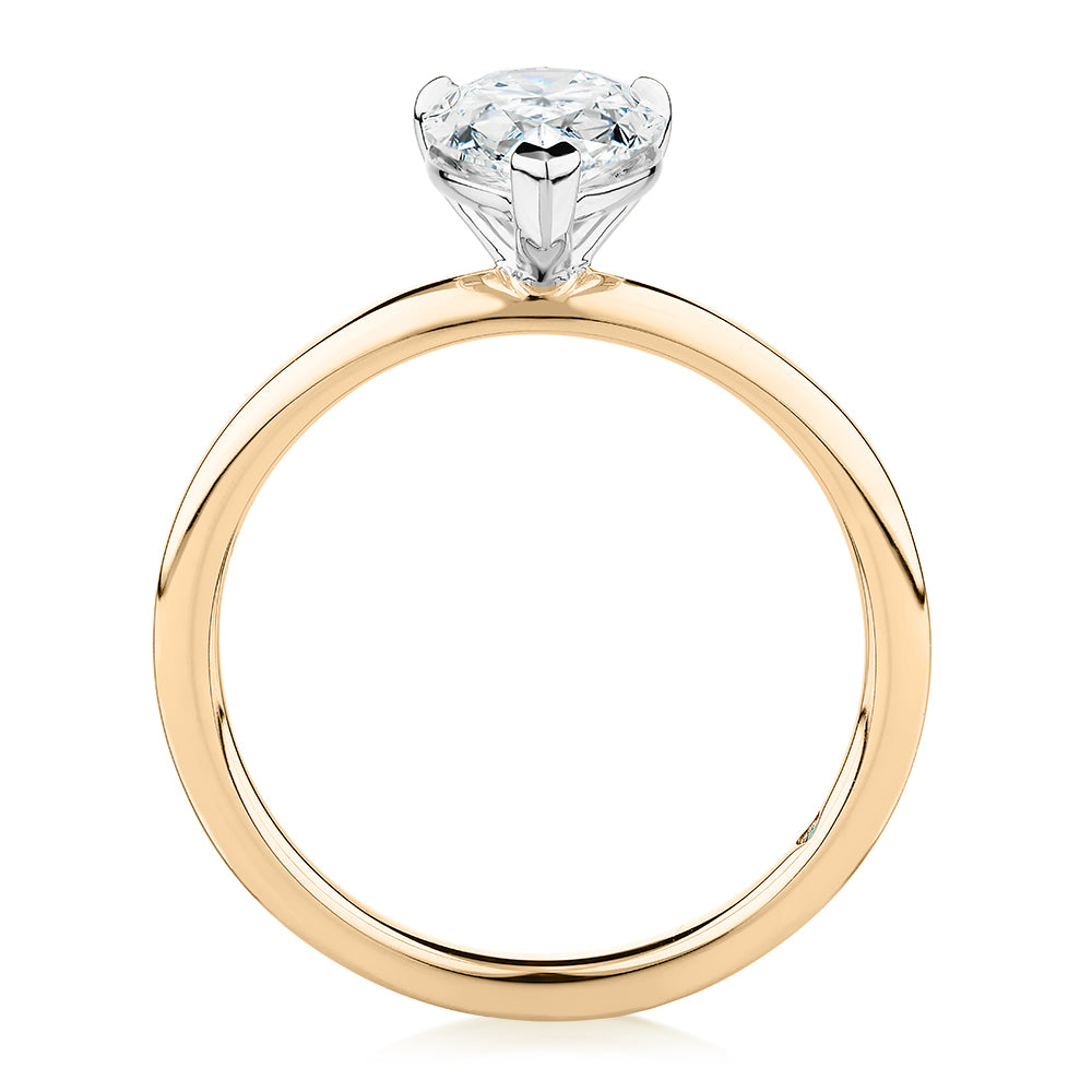 Premium Certified Laboratory Created Diamond, 1.50 carat pear solitaire engagement ring in 14 carat yellow and white gold