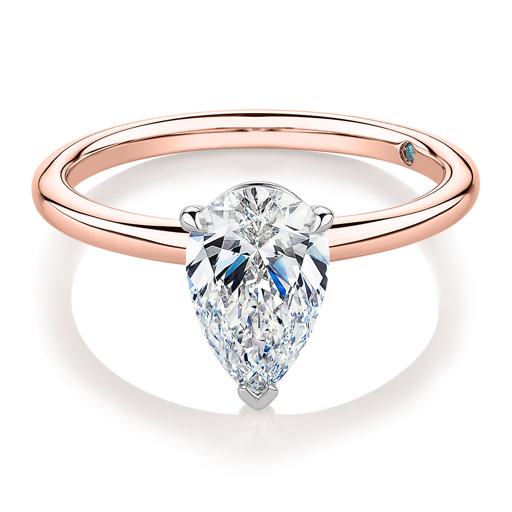 Premium Certified Laboratory Created Diamond, 1.50 carat pear solitaire engagement ring in 14 carat rose and white gold