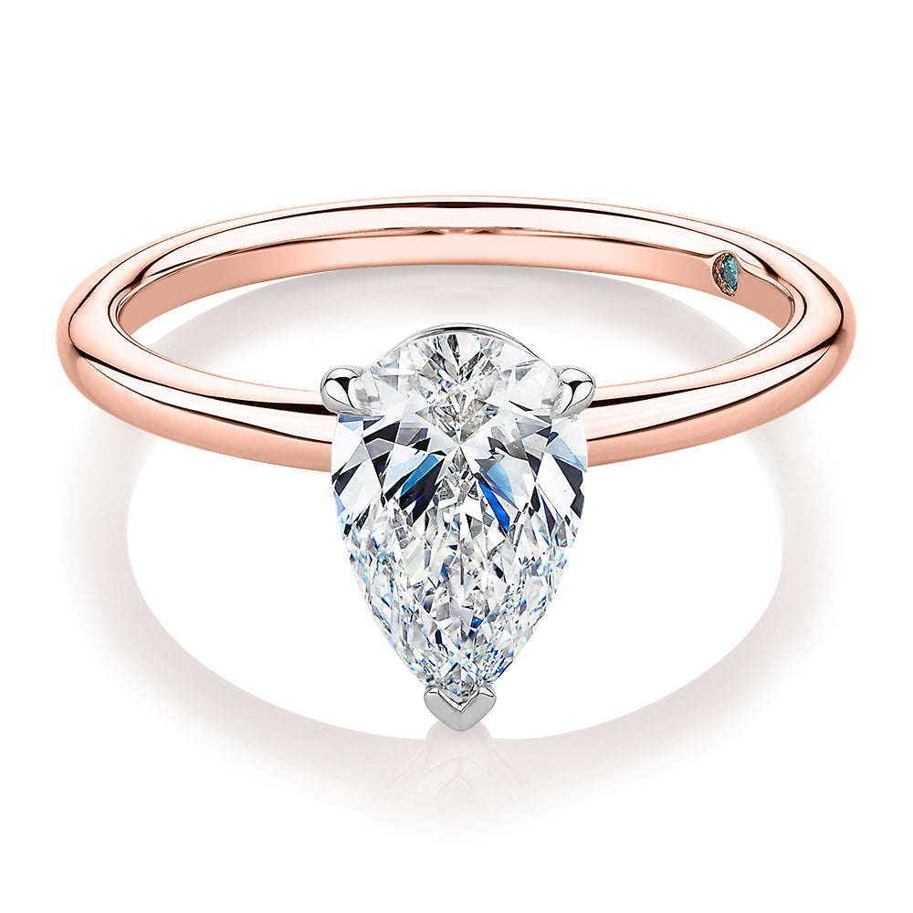 Premium Certified Laboratory Created Diamond, 1.50 carat pear solitaire engagement ring in 18 carat rose and white gold