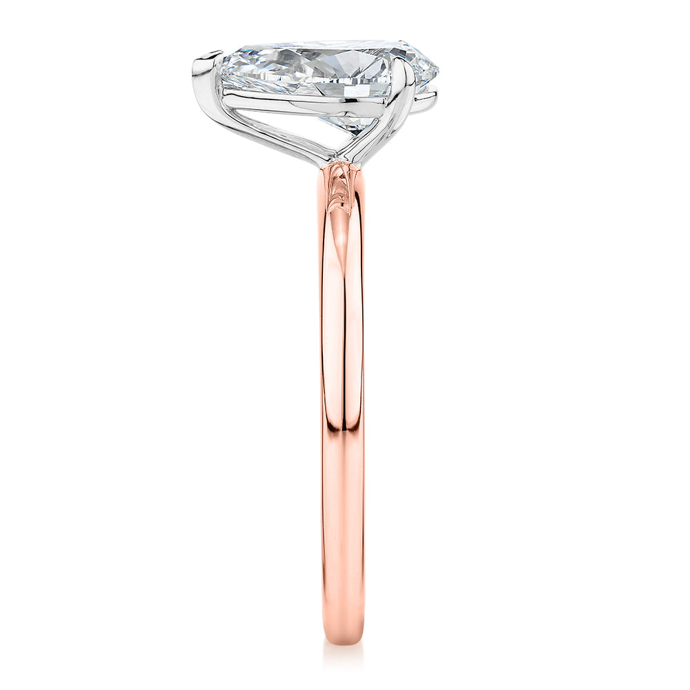 Premium Certified Laboratory Created Diamond, 1.50 carat pear solitaire engagement ring in 14 carat rose and white gold