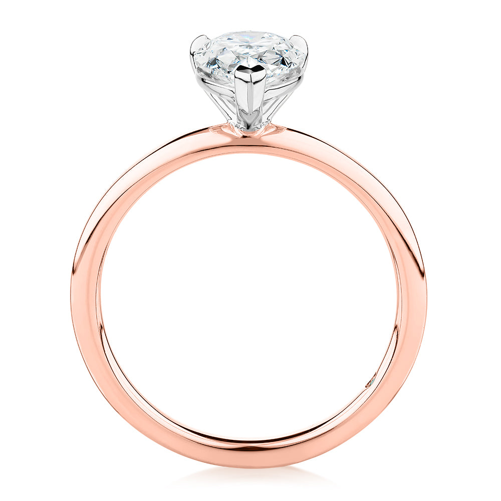 Premium Certified Laboratory Created Diamond, 1.50 carat pear solitaire engagement ring in 14 carat rose and white gold