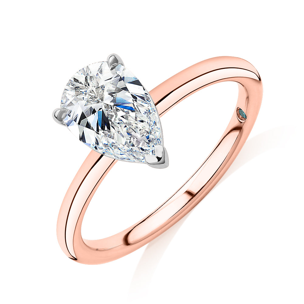 Premium Certified Laboratory Created Diamond, 1.50 carat pear solitaire engagement ring in 18 carat rose and white gold