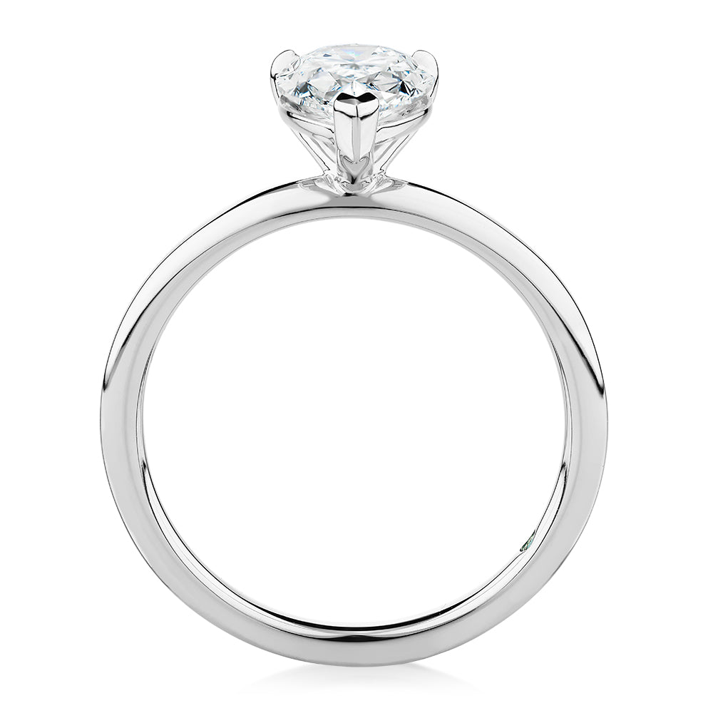 Premium Certified Laboratory Created Diamond, 1.50 carat pear solitaire engagement ring in 18 carat white gold