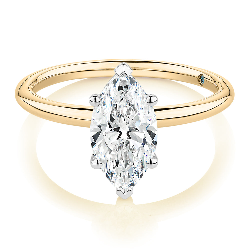 Premium Certified Lab-Grown Diamond, 1.50 carat marquise solitaire engagement ring in 14 carat yellow and white gold