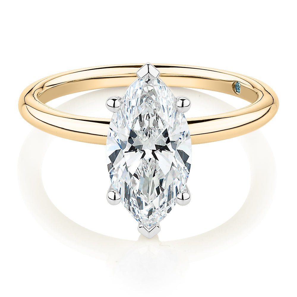 Premium Certified Lab-Grown Diamond, 2.00 carat marquise solitaire engagement ring in 14 carat yellow and white gold