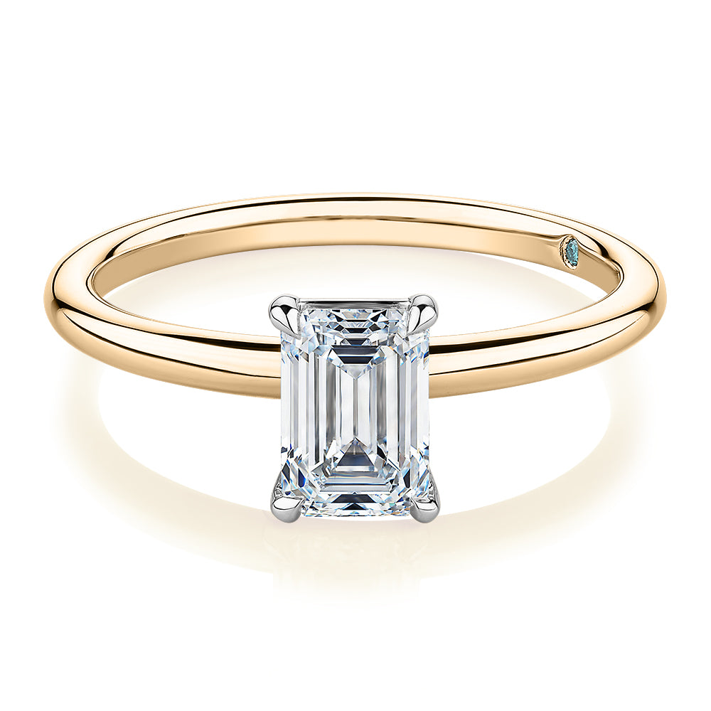 Premium Certified Lab-Grown Diamond, 1.00 carat emerald cut solitaire engagement ring in 14 carat yellow and white gold