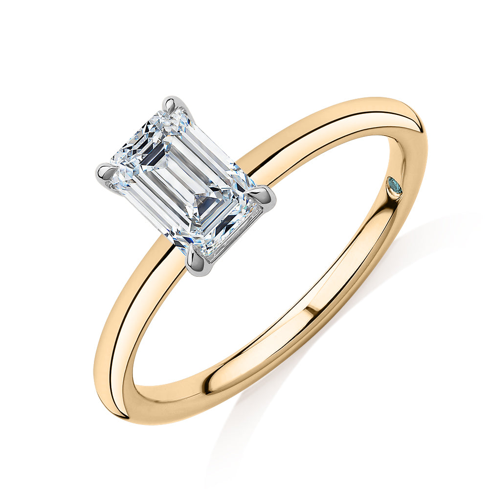 Premium Certified Laboratory Created Diamond, 1.00 carat emerald cut solitaire engagement ring in 18 carat yellow and white gold
