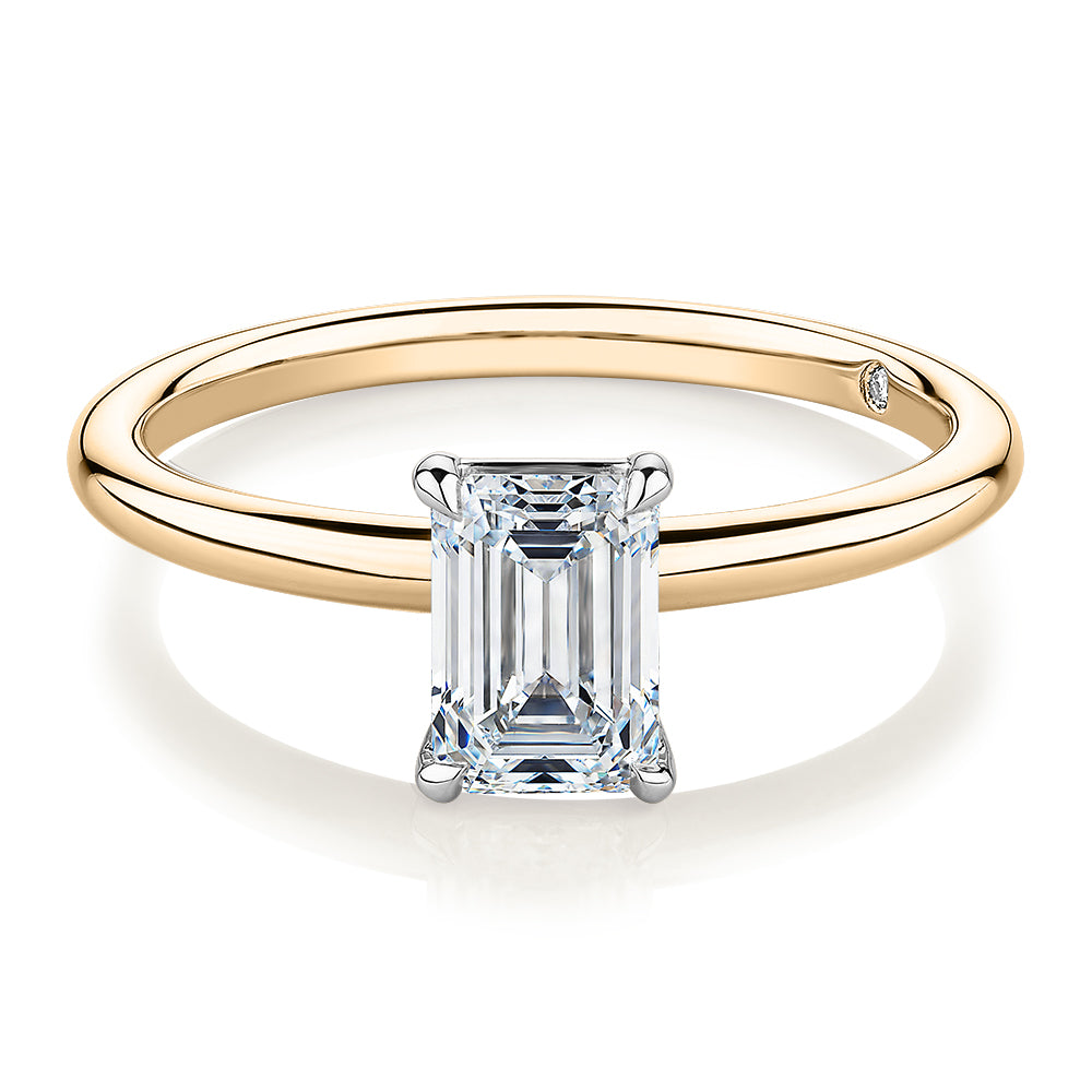Signature Simulant Diamond 1.00 carat* emerald cut solitaire engagement ring in 14 carat yellow and white gold