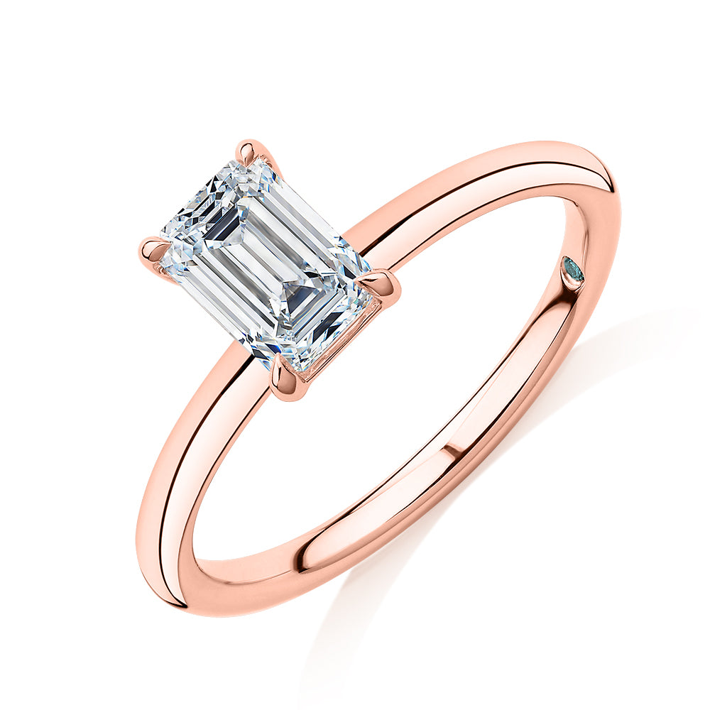 Premium Certified Lab-Grown Diamond, 1.00 carat emerald cut solitaire engagement ring in 14 carat rose gold