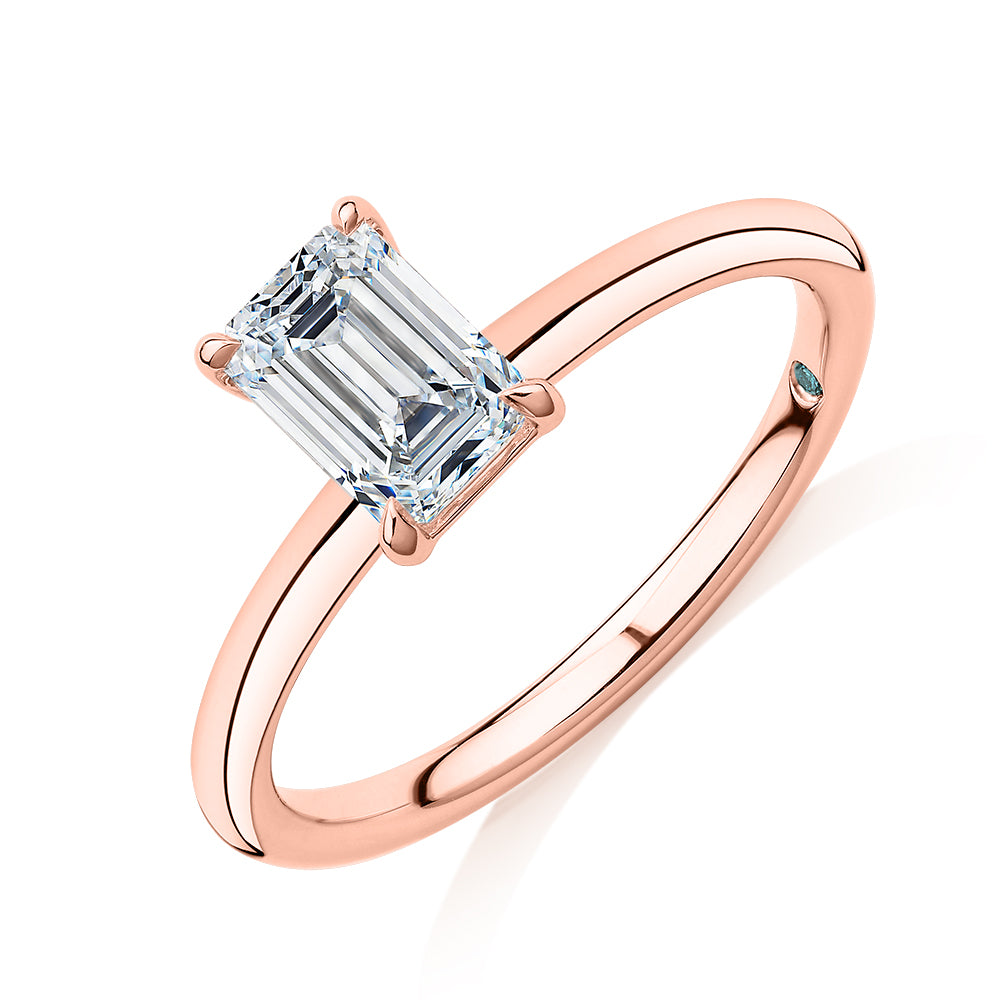 Premium Certified Laboratory Created Diamond, 1.00 carat emerald cut solitaire engagement ring in 18 carat rose gold