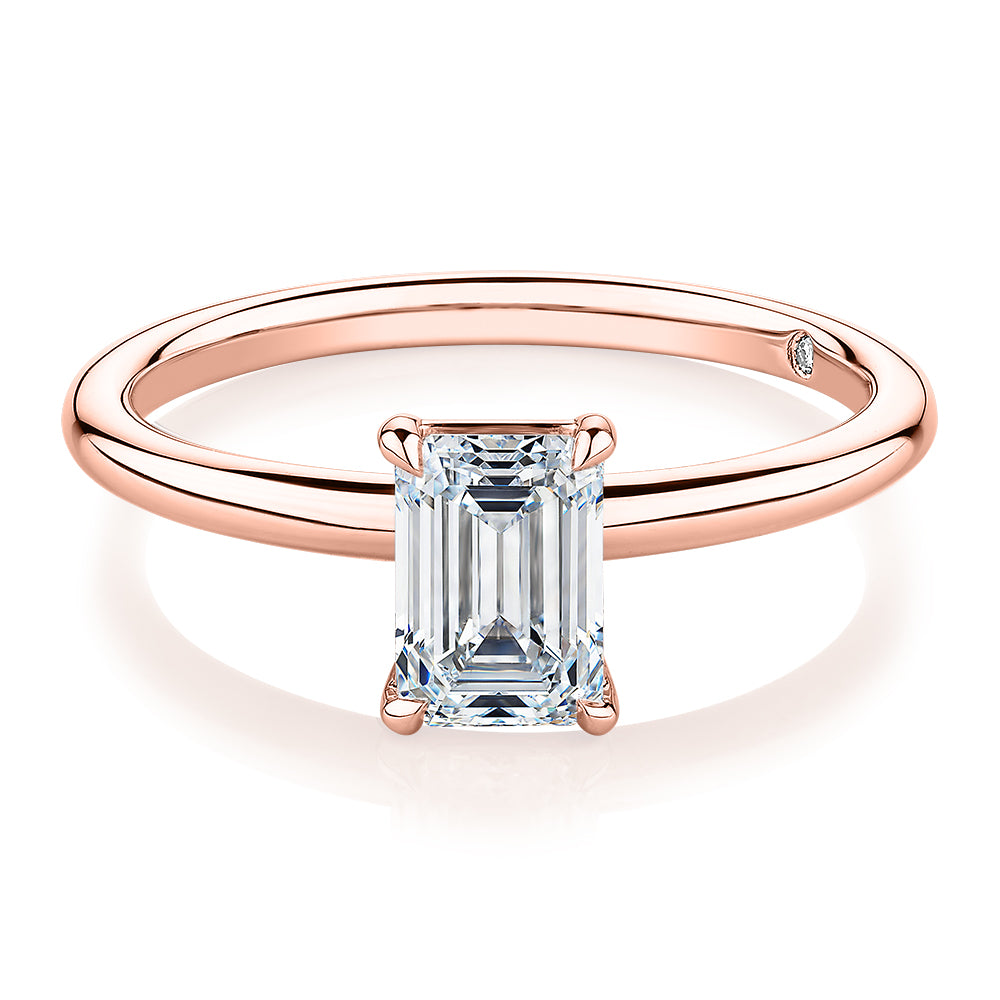 Signature Simulant Diamond 1.00 carat* emerald cut solitaire engagement ring in 14 carat rose gold
