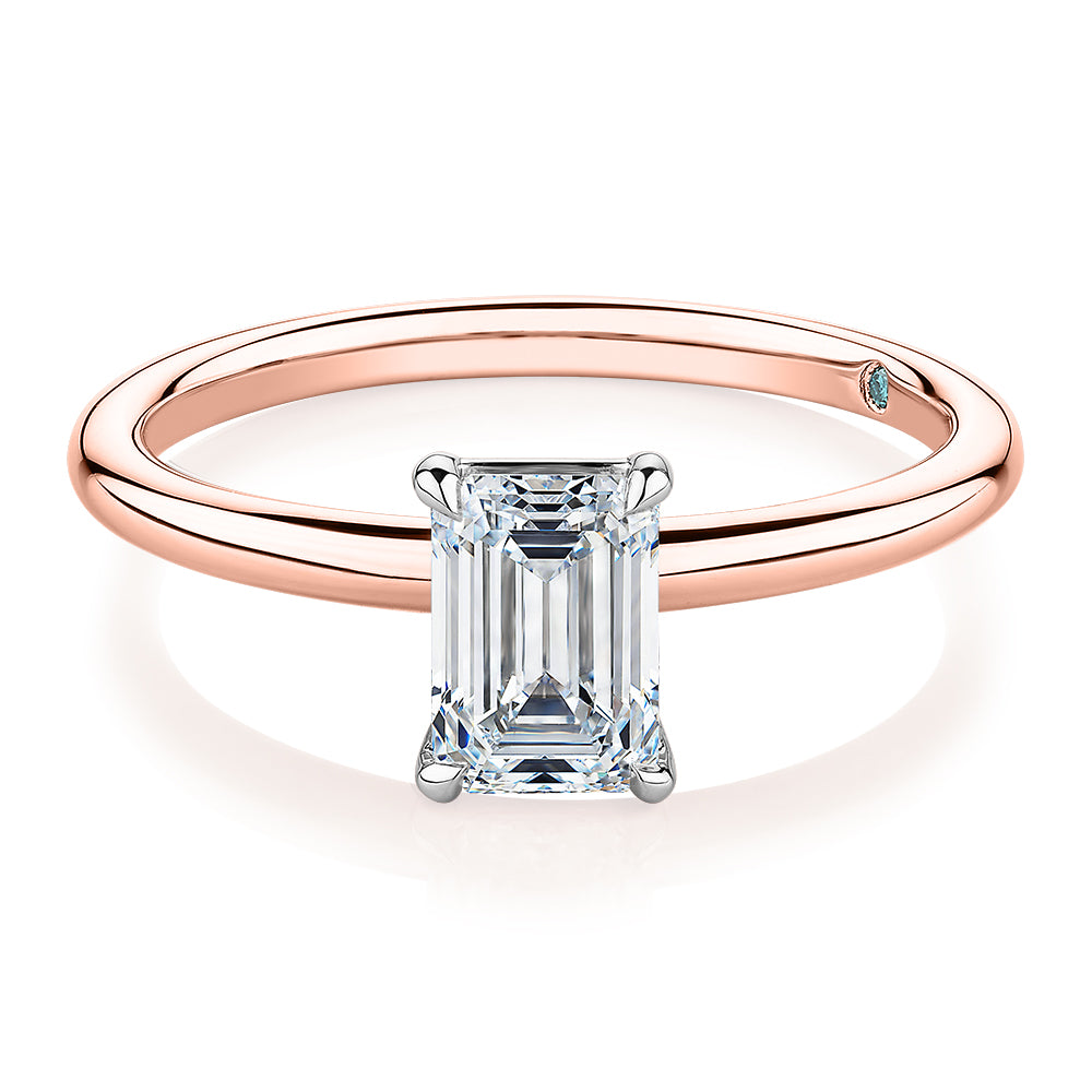 Premium Certified Lab-Grown Diamond, 1.00 carat emerald cut solitaire engagement ring in 18 carat rose and white gold