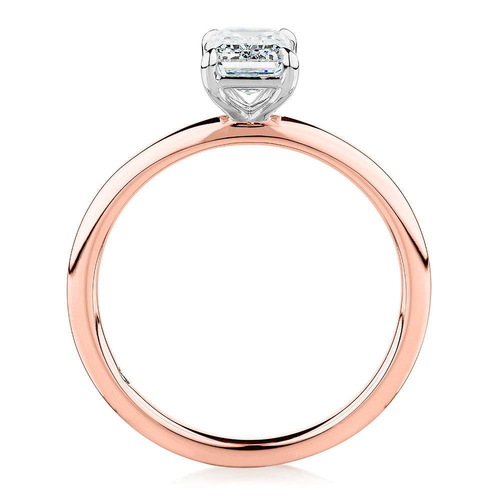 Premium Certified Laboratory Created Diamond, 1.00 carat emerald cut solitaire engagement ring in 18 carat rose and white gold