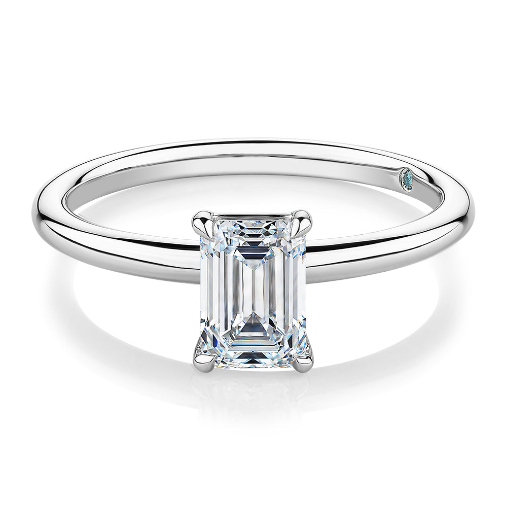 Premium Certified Laboratory Created Diamond, 1.00 carat emerald cut solitaire engagement ring in 14 carat white gold