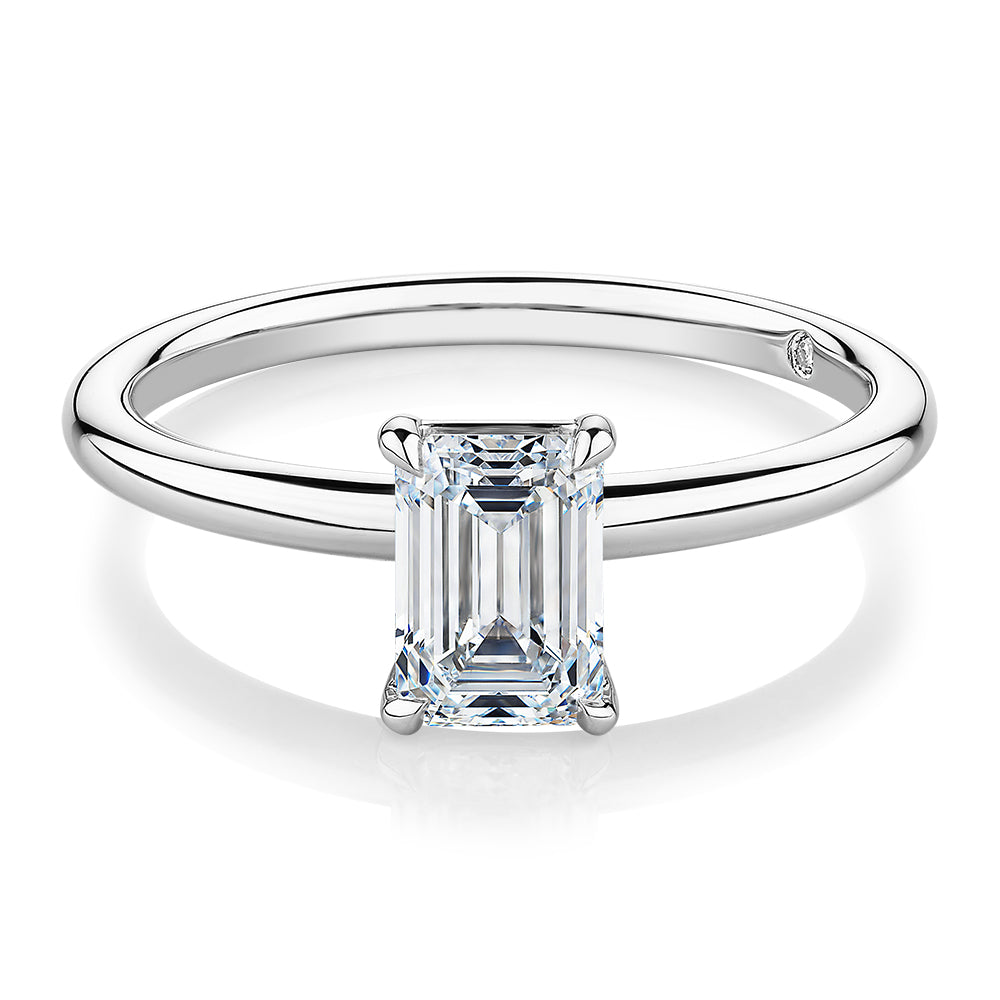 Signature Simulant Diamond 1.00 carat* emerald cut solitaire engagement ring in 14 carat white gold