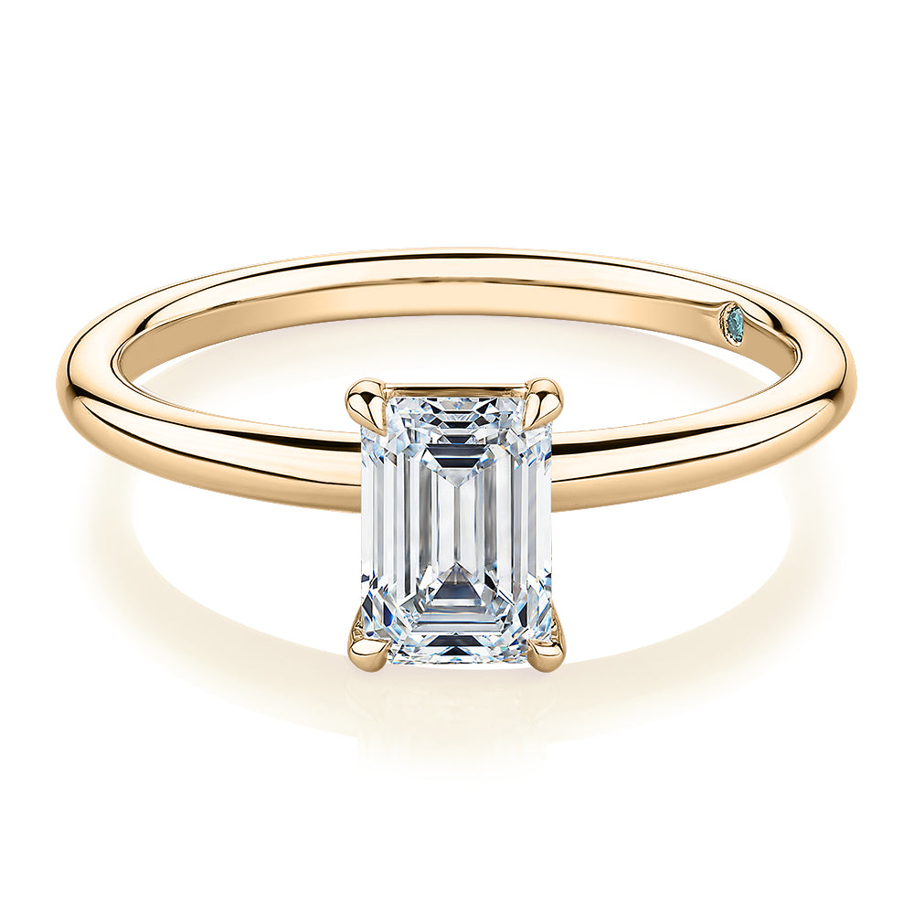 Premium Certified Laboratory Created Diamond, 1.00 carat emerald cut solitaire engagement ring in 18 carat yellow gold