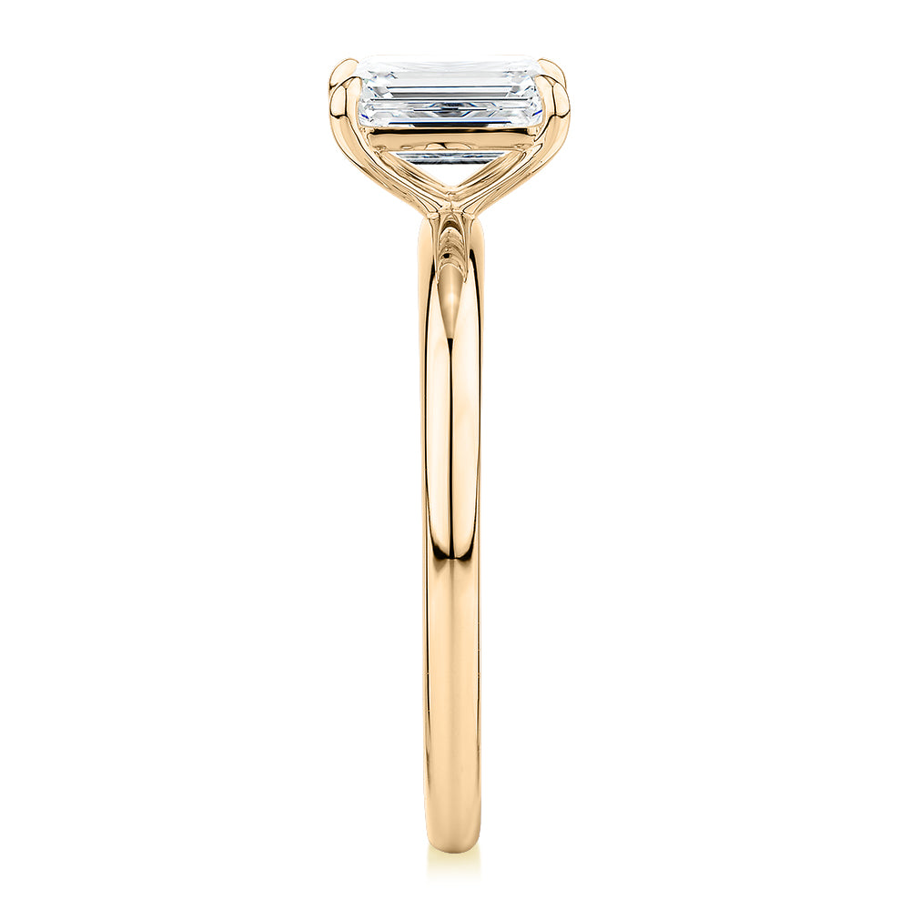 Premium Certified Laboratory Created Diamond, 1.00 carat emerald cut solitaire engagement ring in 18 carat yellow gold