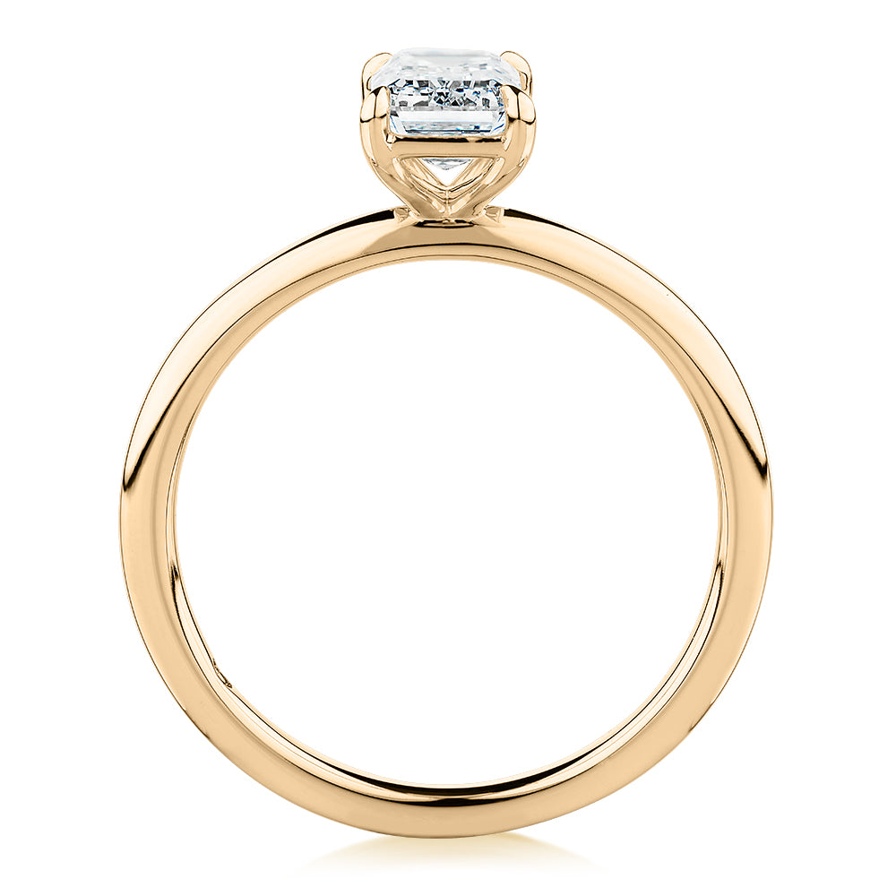 Premium Certified Laboratory Created Diamond, 1.00 carat emerald cut solitaire engagement ring in 18 carat yellow gold