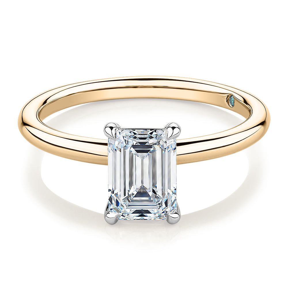 Premium Certified Laboratory Created Diamond, 1.50 carat emerald cut solitaire engagement ring in 18 carat yellow and white gold