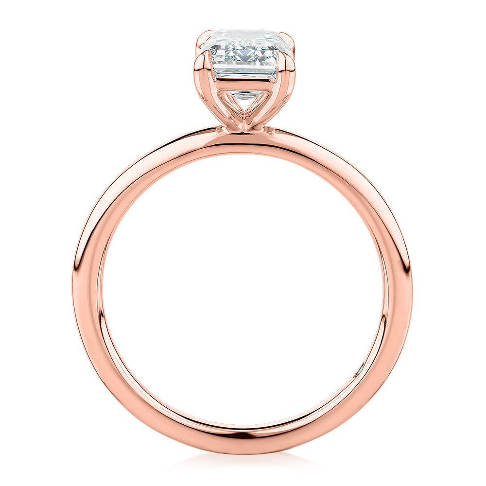 Premium Certified Laboratory Created Diamond, 1.50 carat emerald cut solitaire engagement ring in 18 carat rose gold