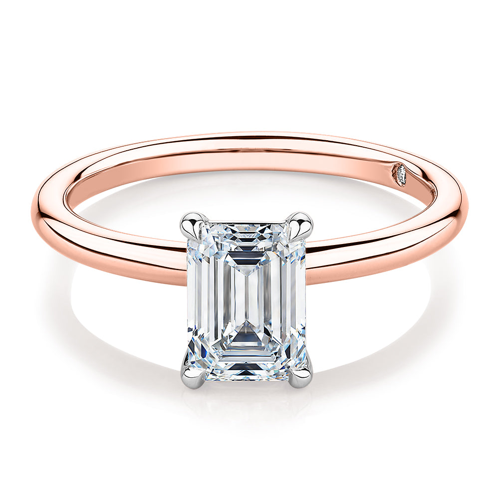 Signature Simulant Diamond 1.50 carat* emerald cut solitaire engagement ring in 14 carat rose and white gold